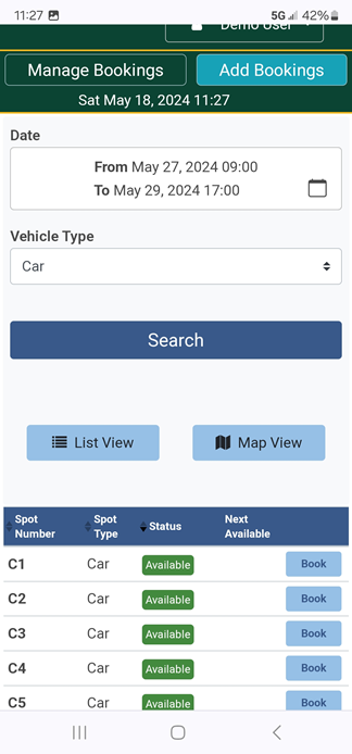 Parking Spot List View