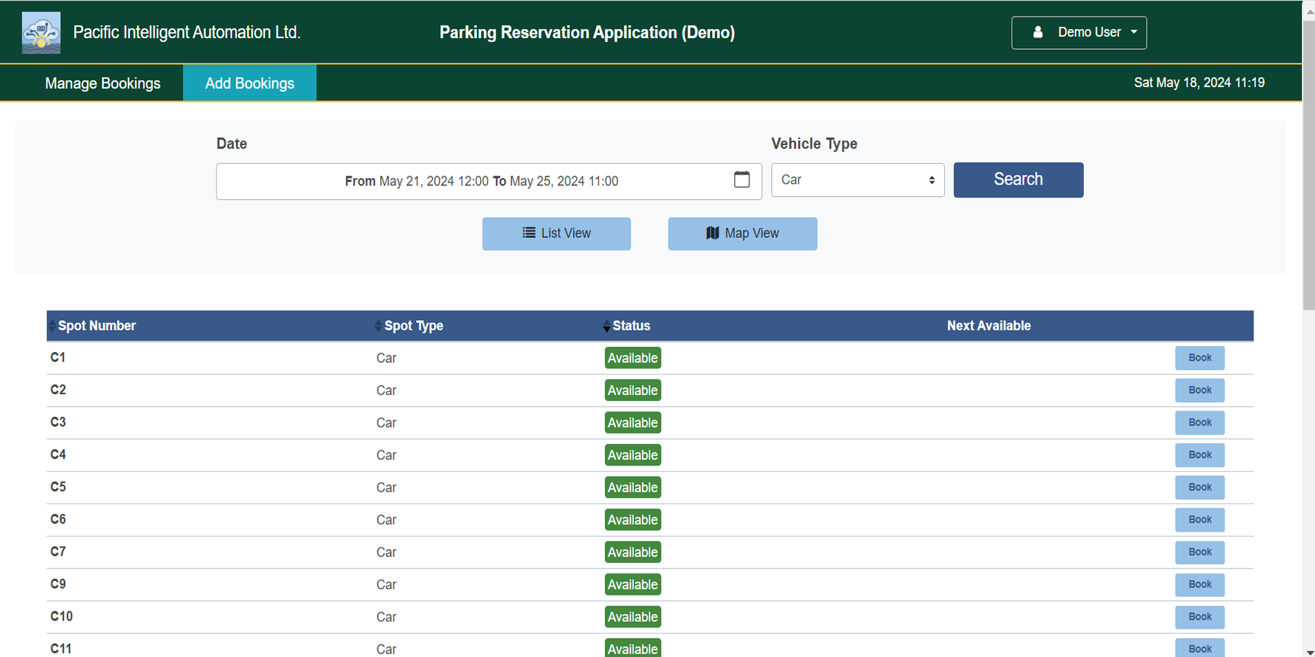 Parking Spot List View